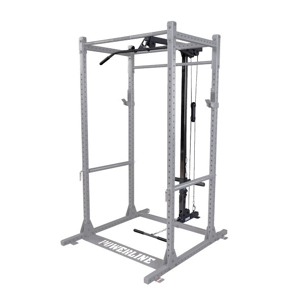 Power rack extension with lat attachment cutout