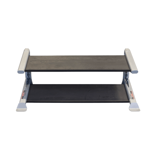 Compact dumbbell storage rack with angled tray design