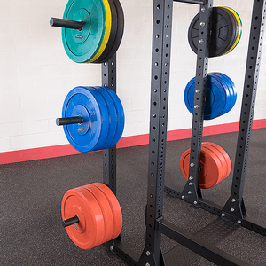 Store Olympic plates using rear-mounted weight horns