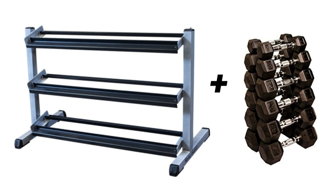 Rubber hex dumbbell set with rack designed to keep weights organized