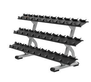 Supporting organized dumbbell storage using a three tier rack