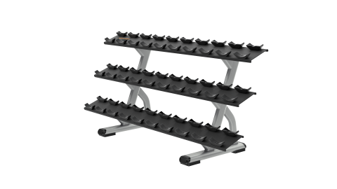 Supporting organized dumbbell storage using a three tier rack