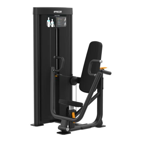 Chest press strength machine shown in complete upright position