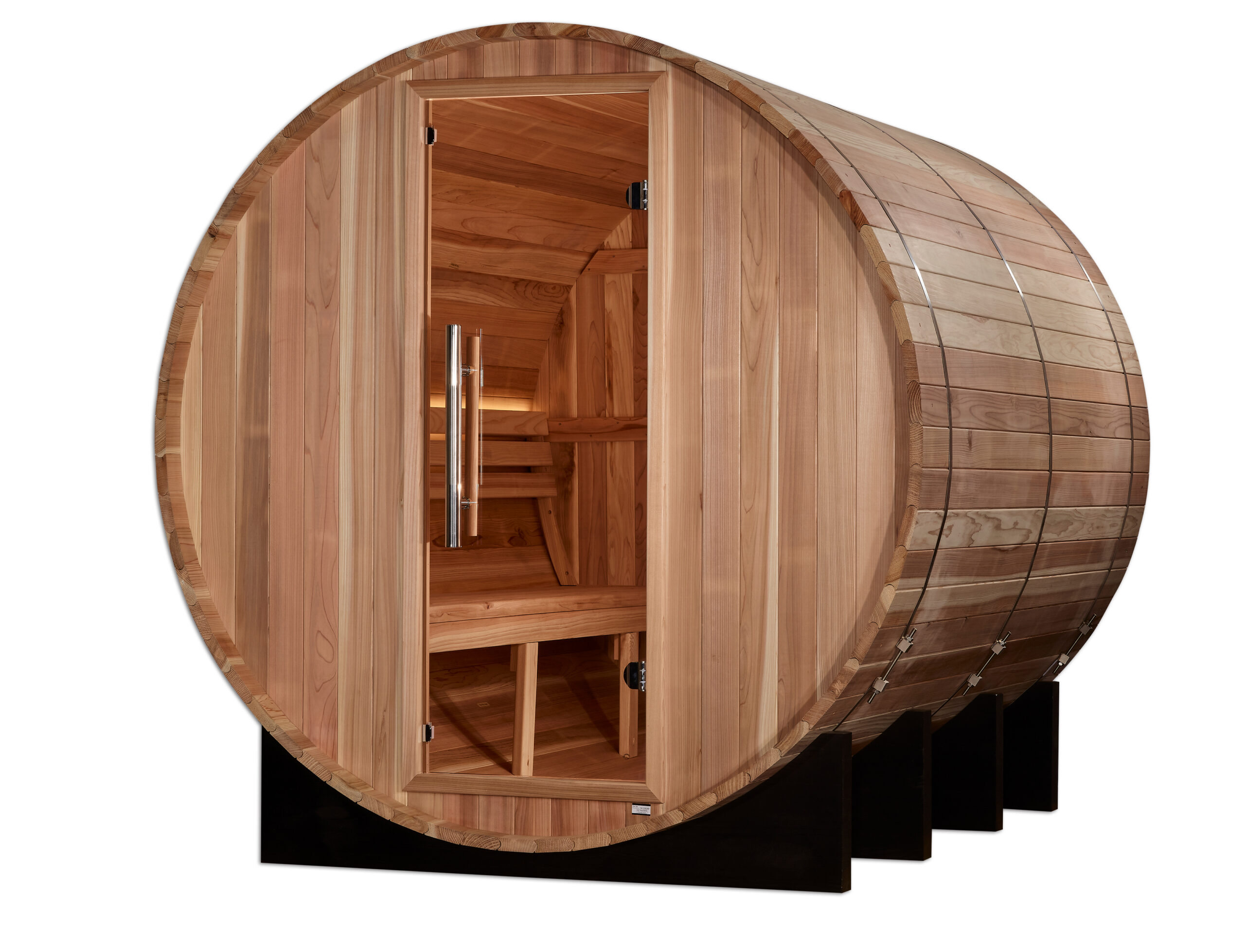 Accessing A Six Person Barrel Sauna Through Front Door