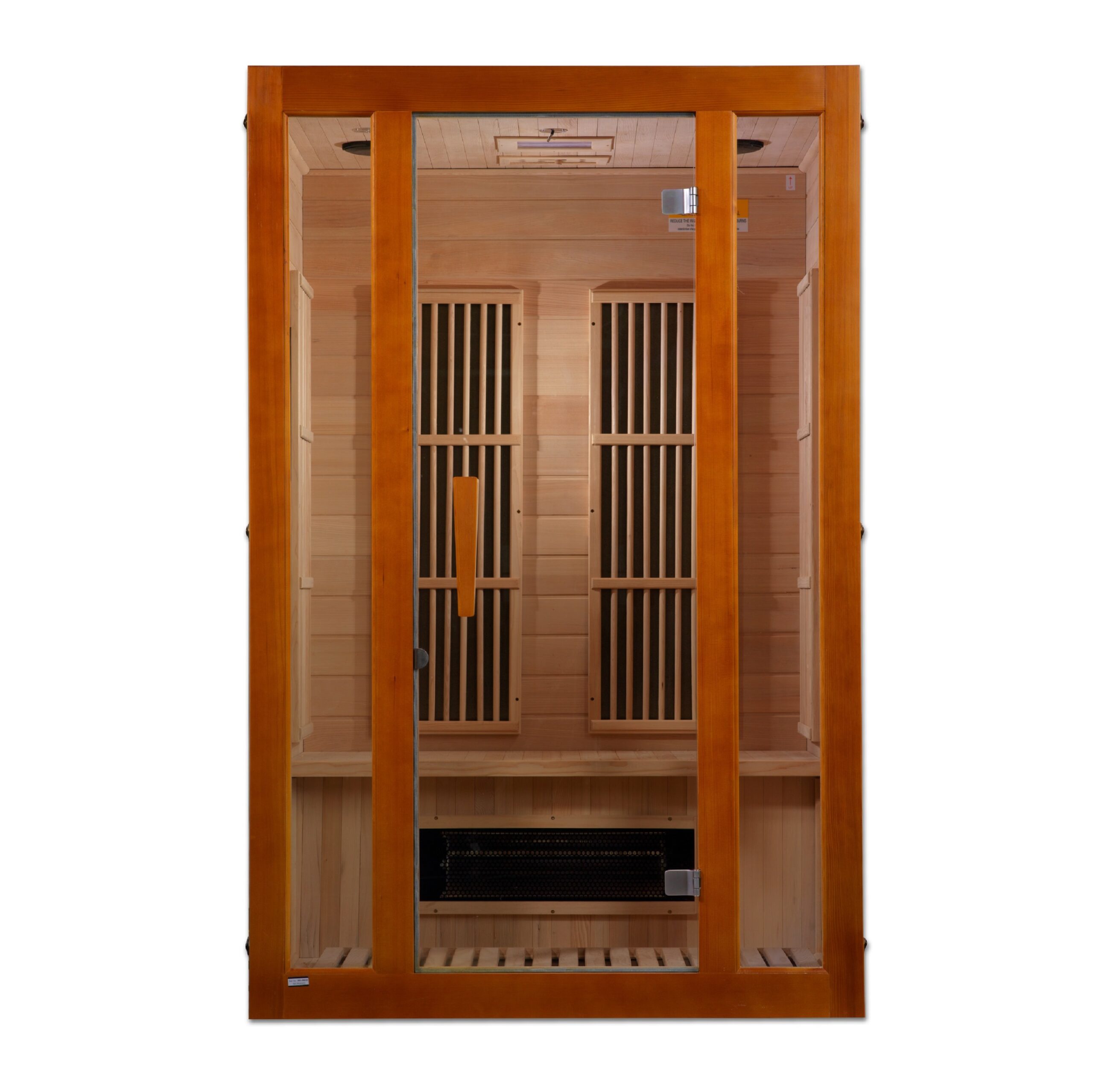 Two person low EMF far infrared sauna featuring compact exterior design