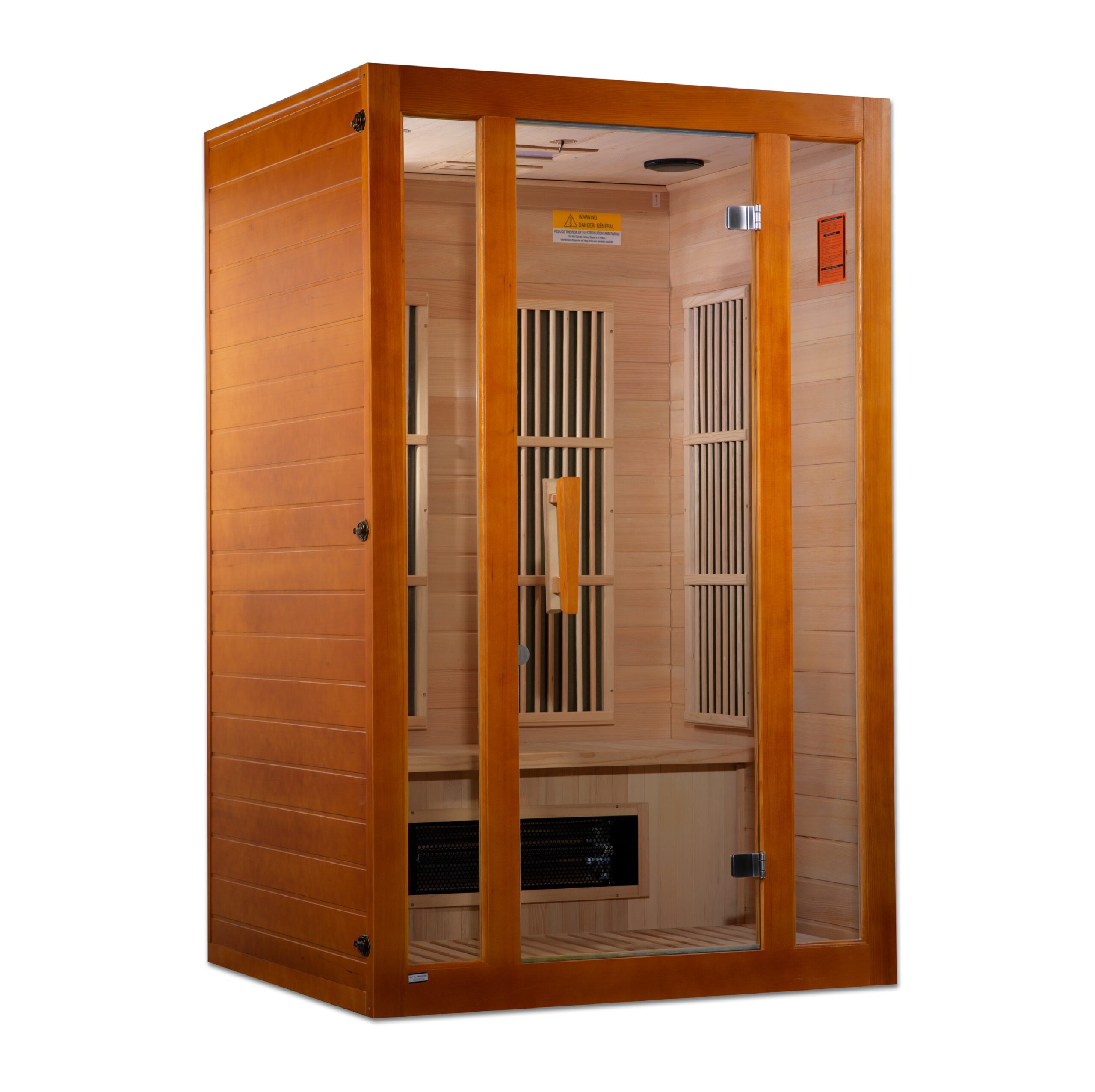 Angled exterior view of a two person low EMF far infrared sauna