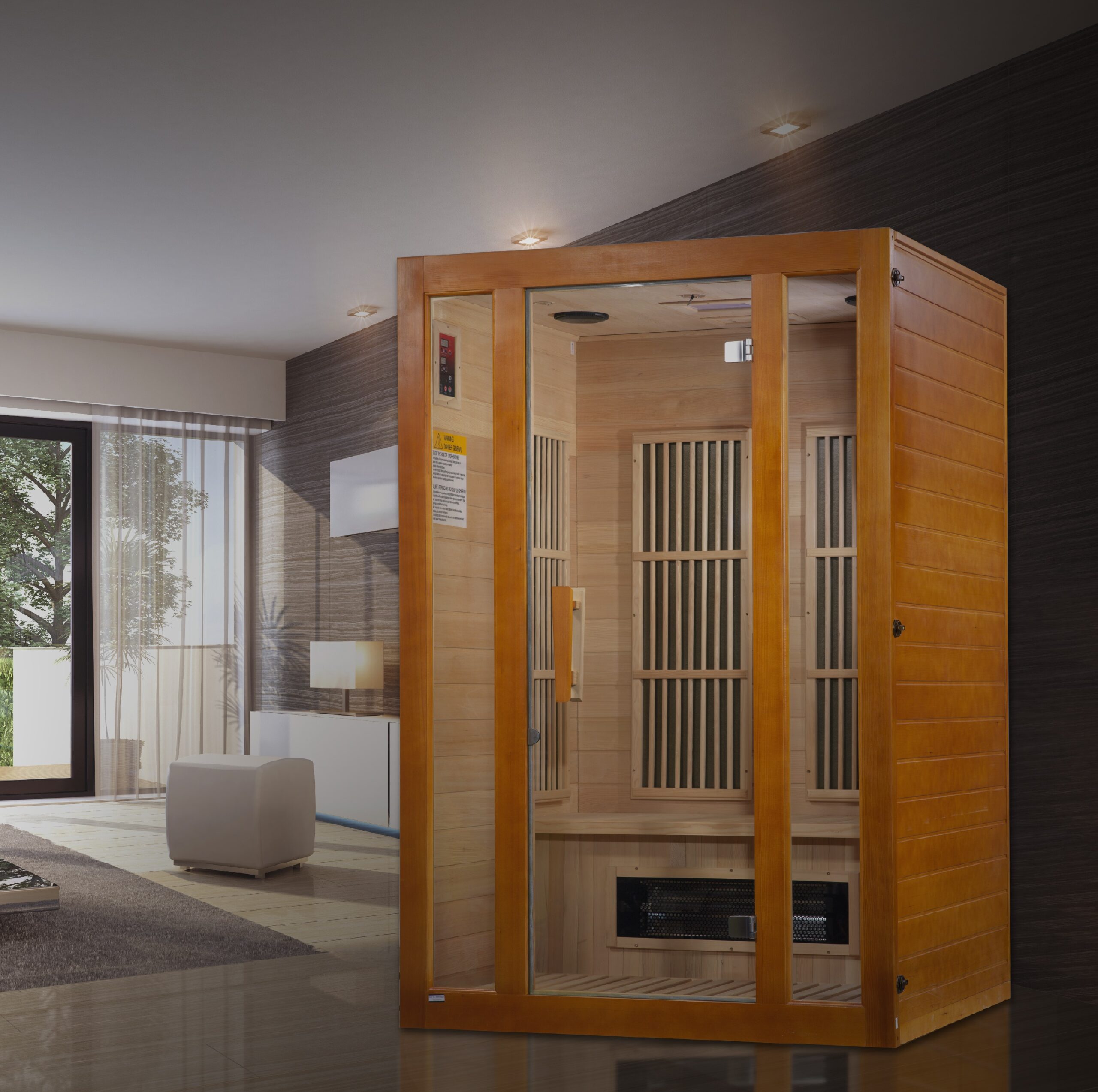 Front glass enclosure of a two person low EMF far infrared sauna