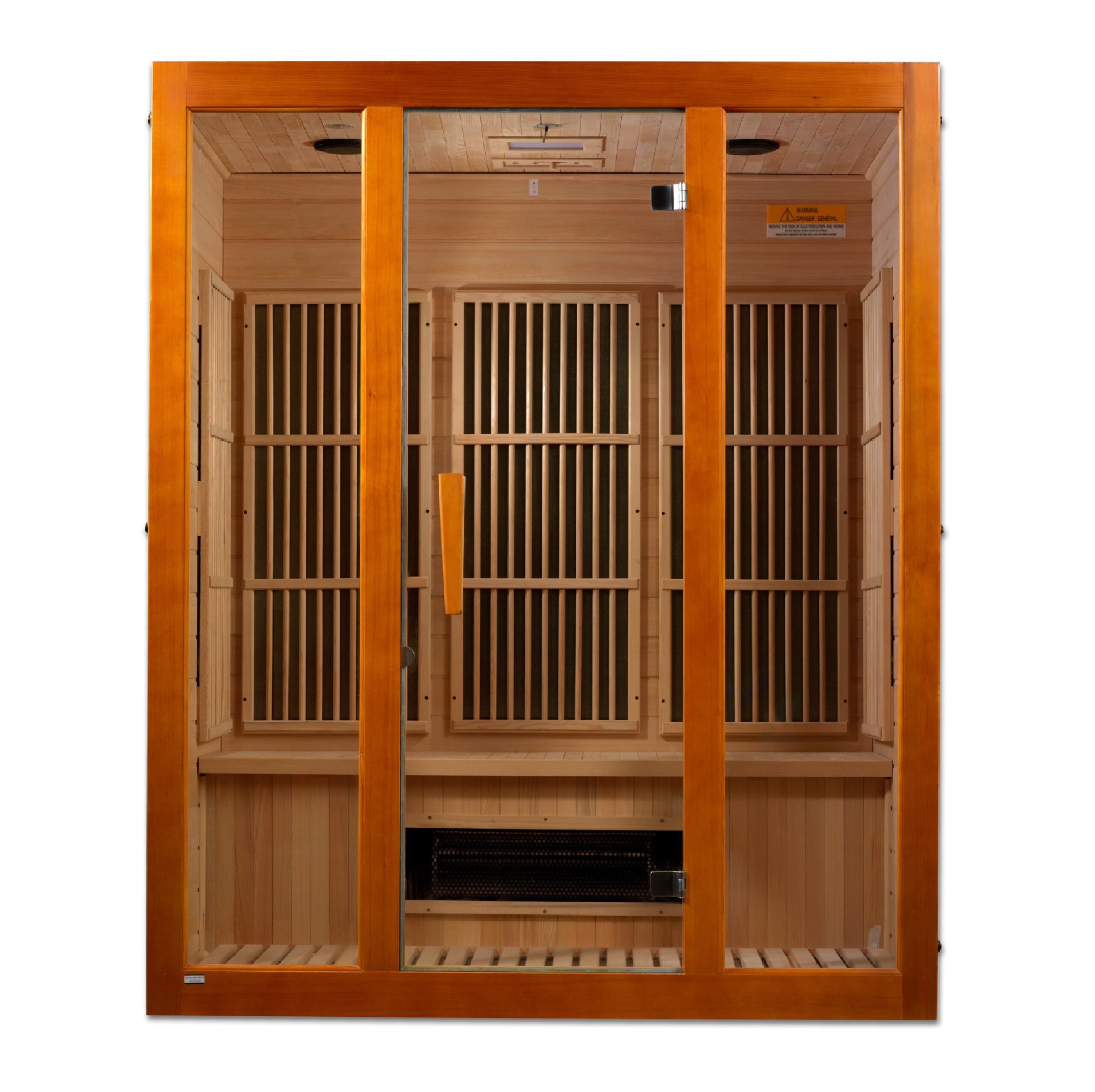 Exterior wood panel design on a three person low EMF far infrared sauna