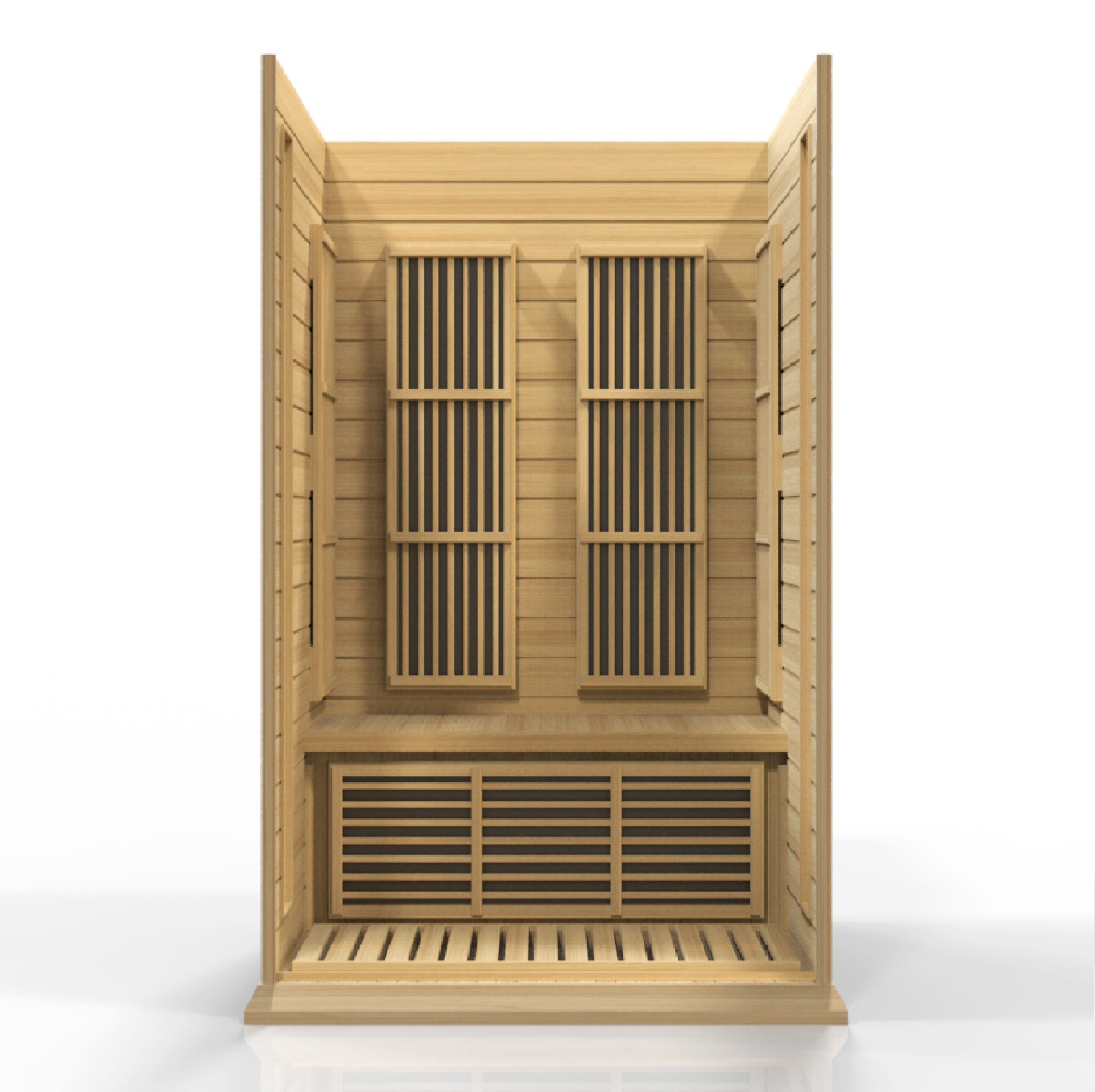 Front glass enclosure of a two person low EMF far infrared sauna
