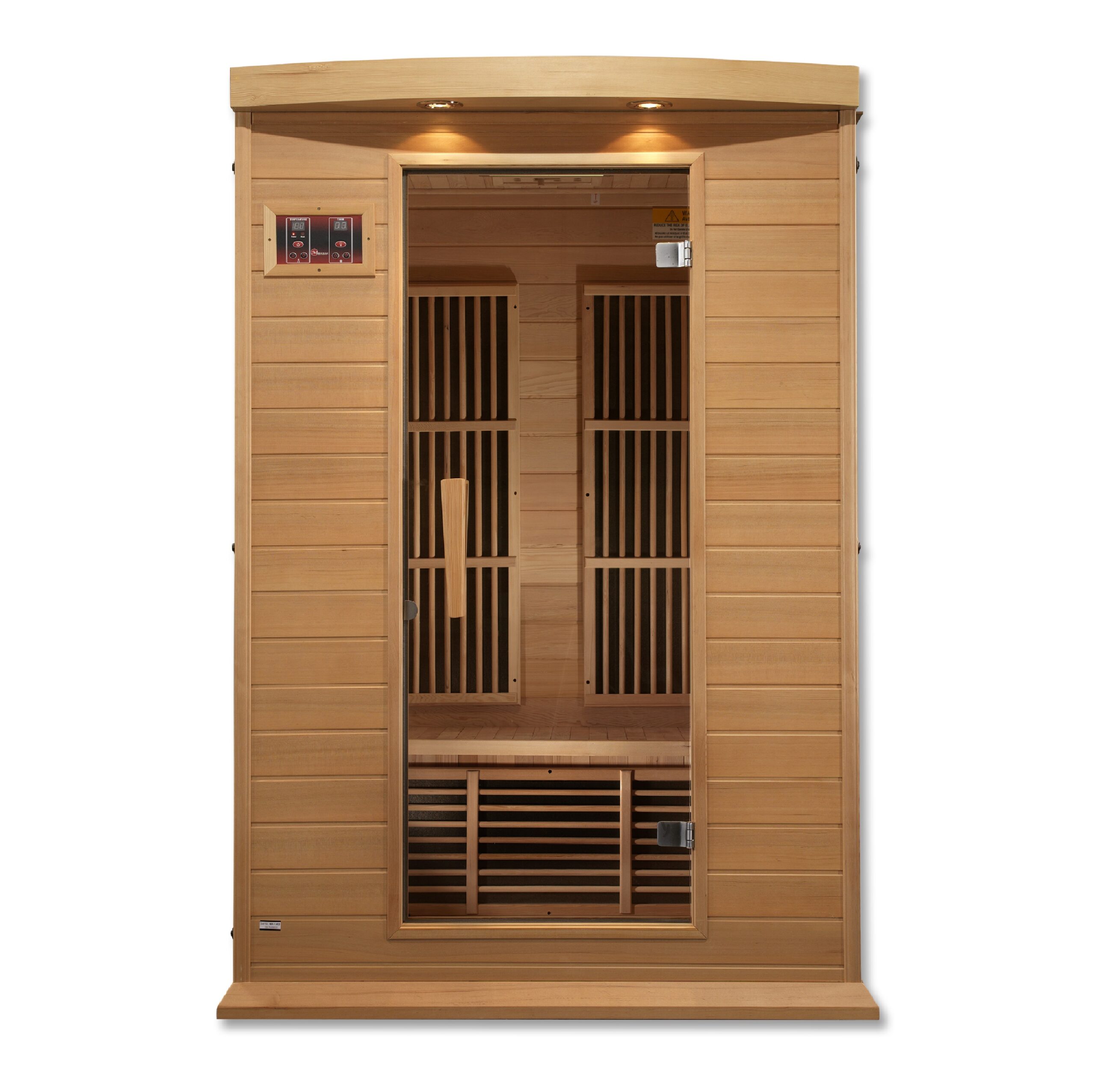Angled exterior view of a two person low EMF far infrared sauna