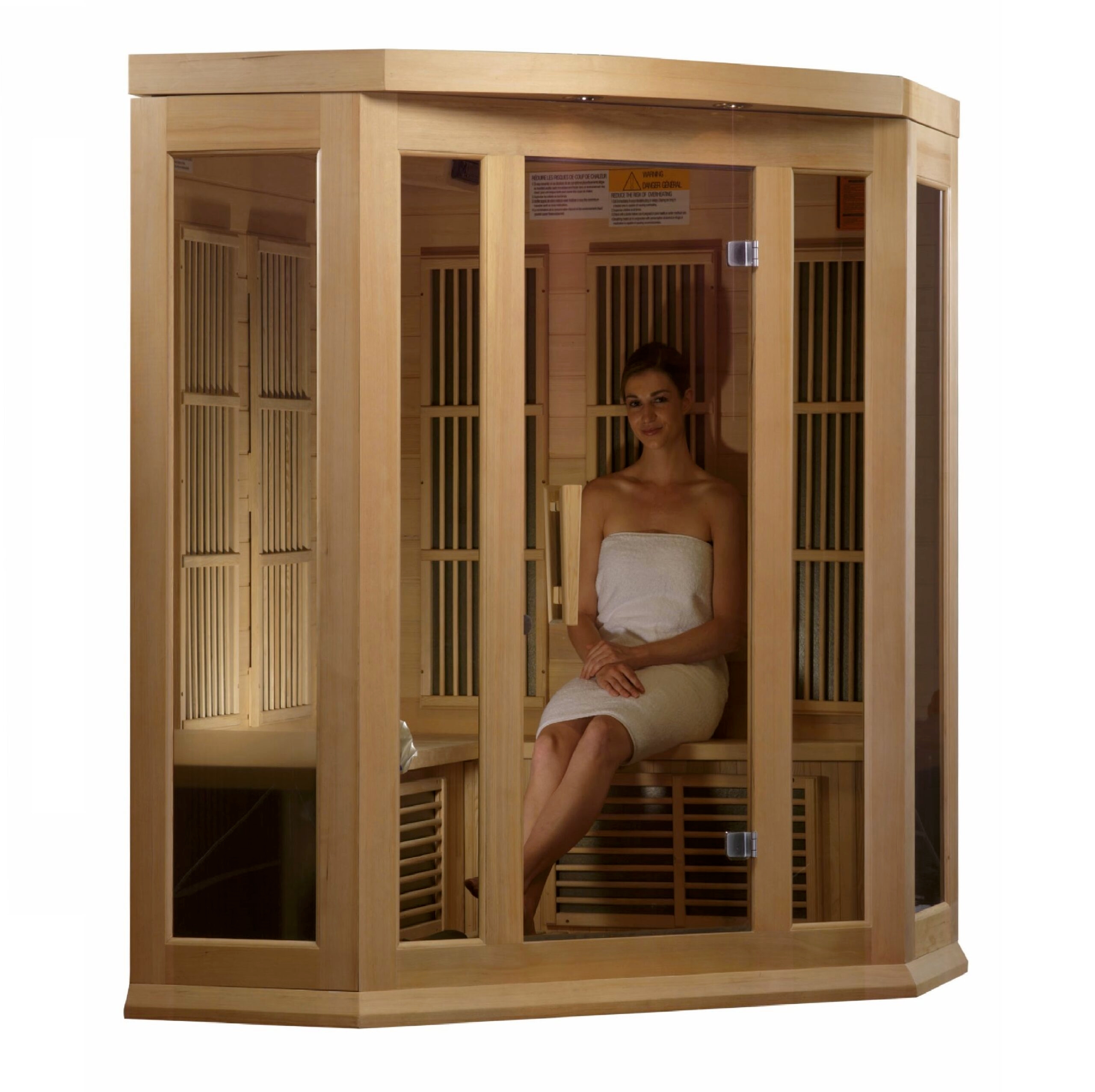 Interior heater placement inside a three person corner low EMF infrared sauna