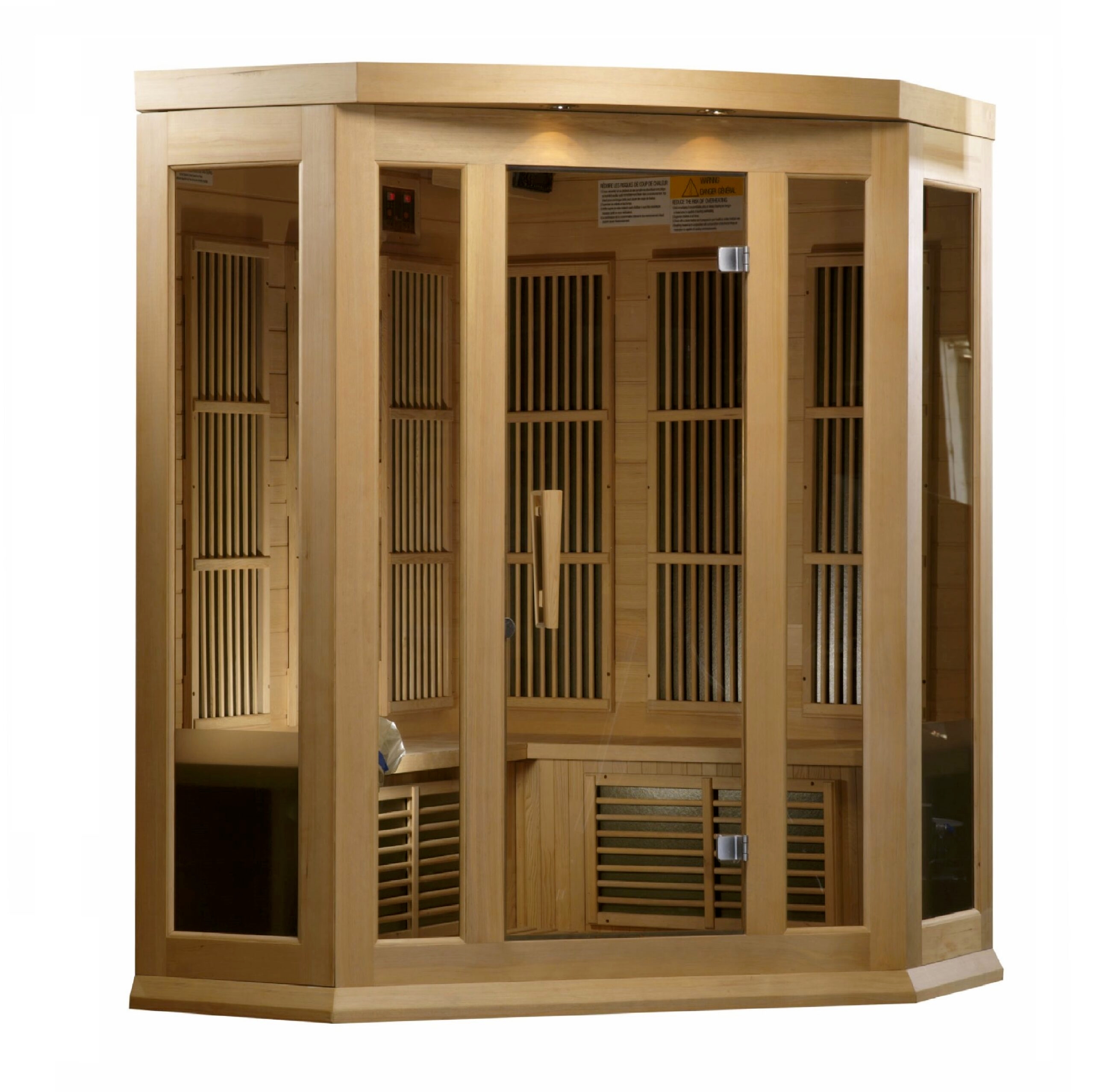 Side profile view of a three person corner low EMF infrared sauna