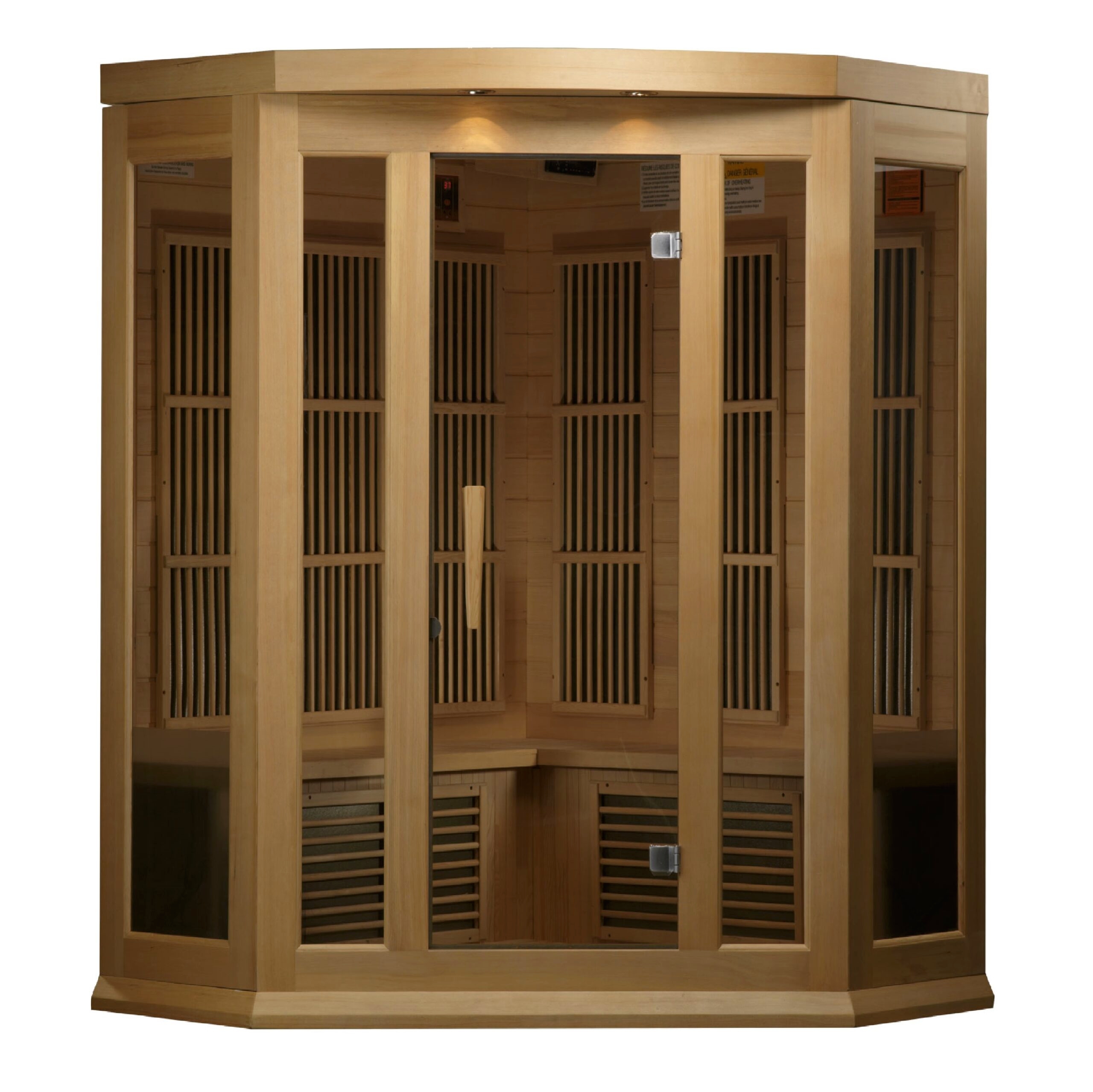 Complete exterior view of a three person corner low EMF infrared sauna