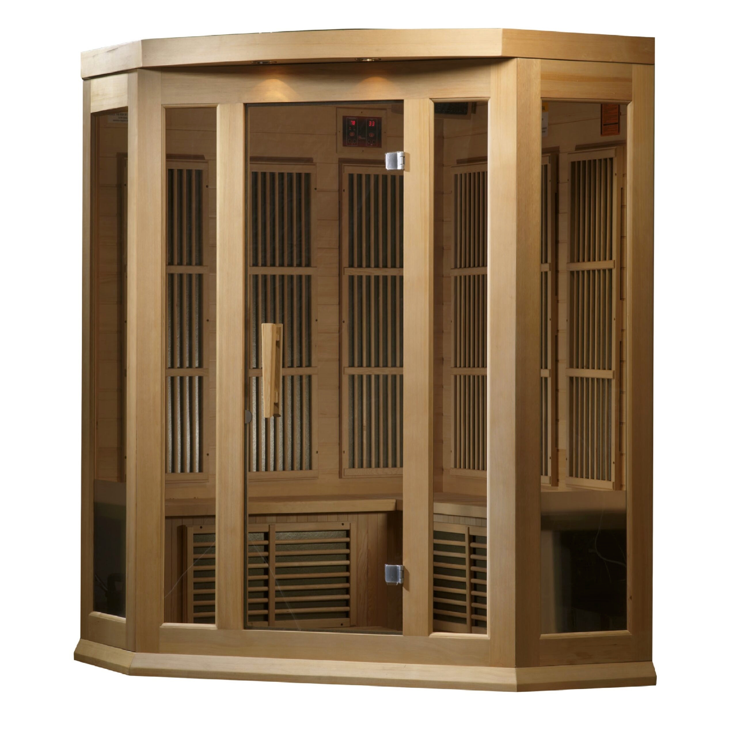 Angled exterior view of a three person corner low EMF infrared sauna