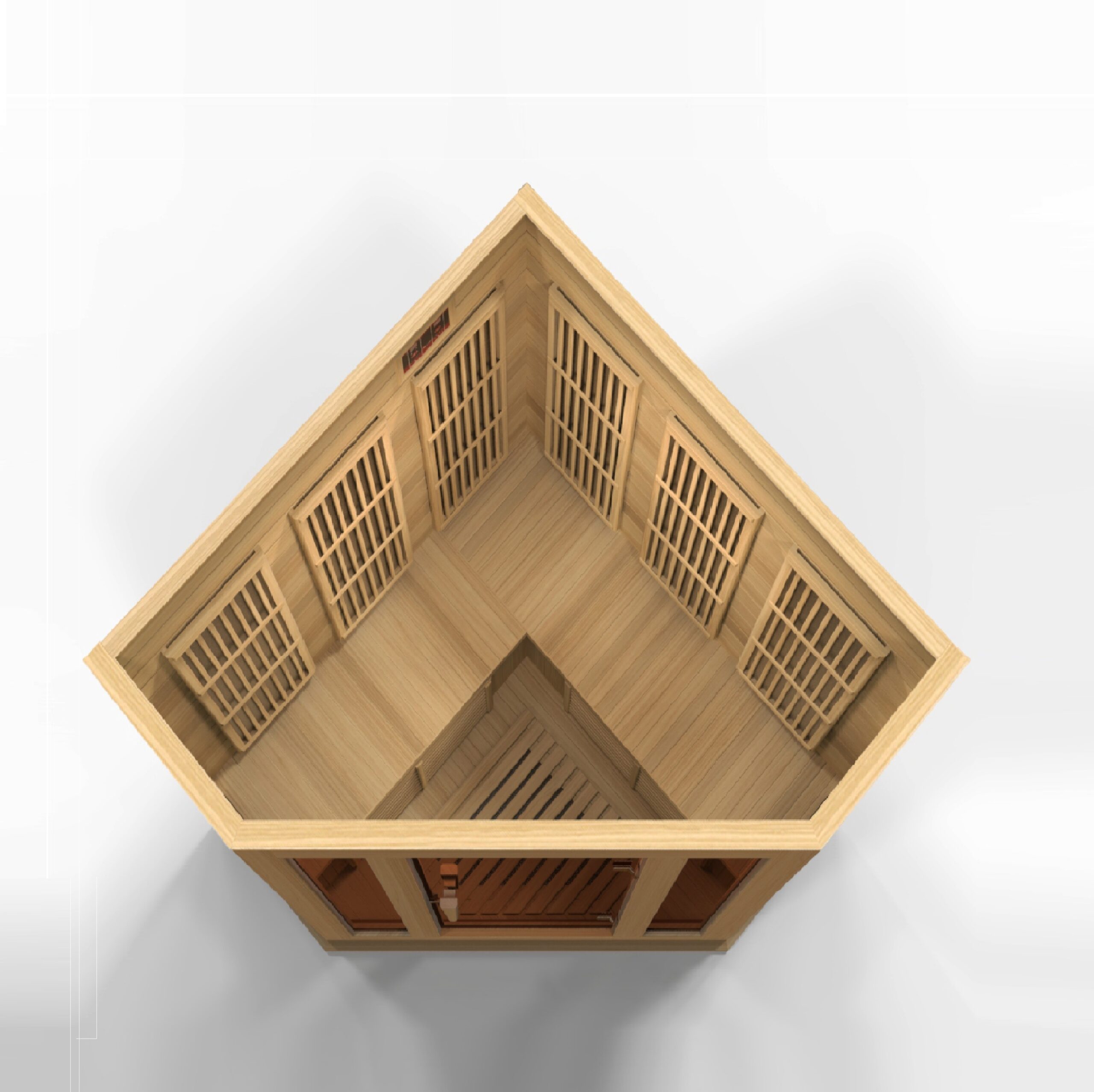 Front glass enclosure of a three person corner low EMF infrared sauna