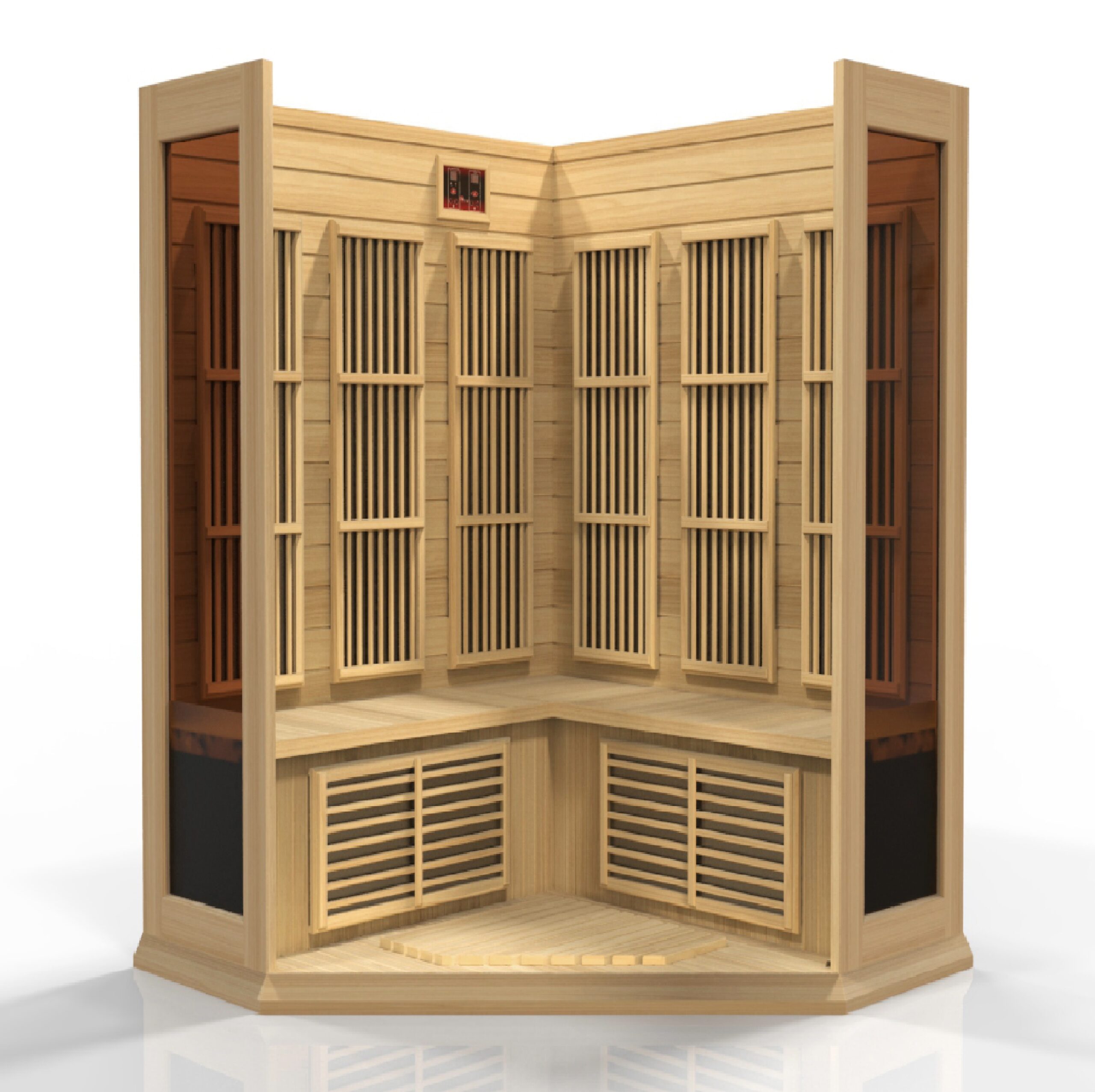 Three person corner infrared sauna made with hemlock wood and low EMF heating