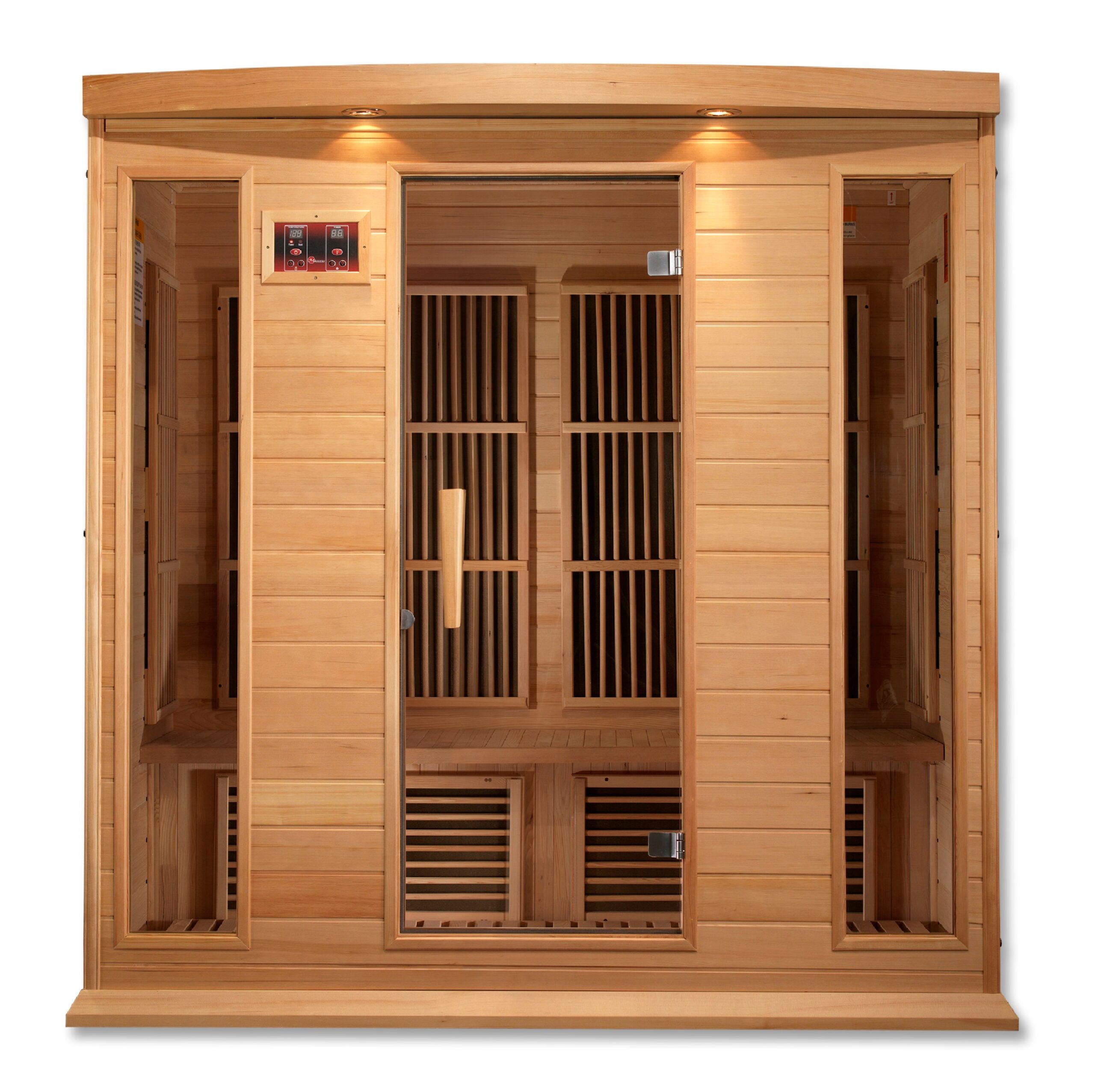 Four person corner infrared sauna made with hemlock wood and low EMF heating
