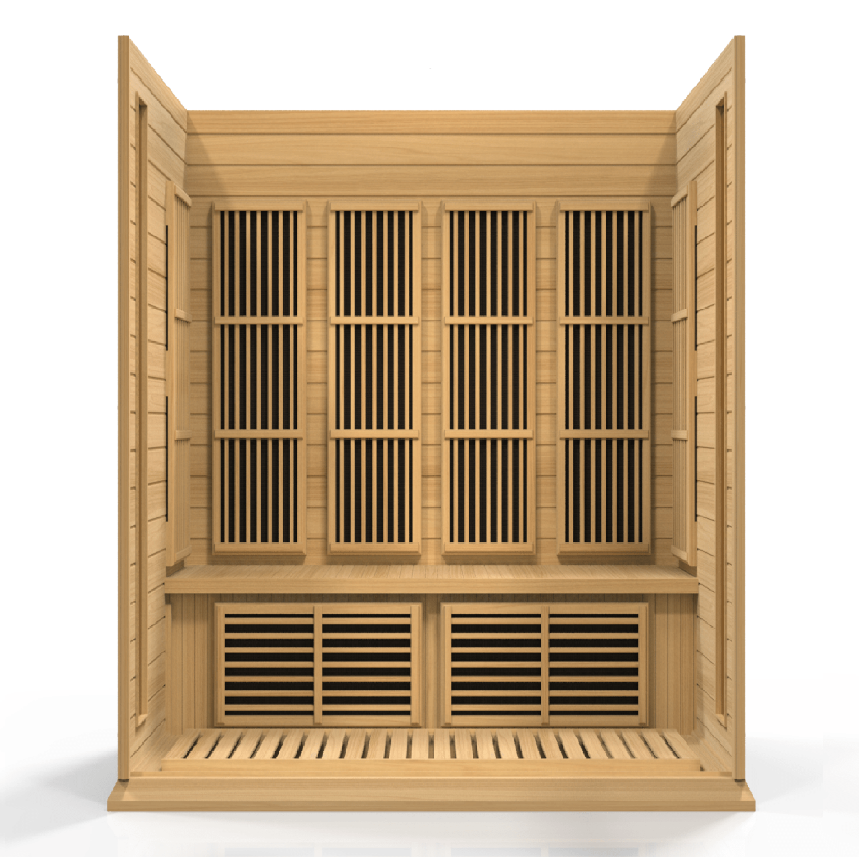 Complete exterior view of a four person corner low EMF infrared sauna