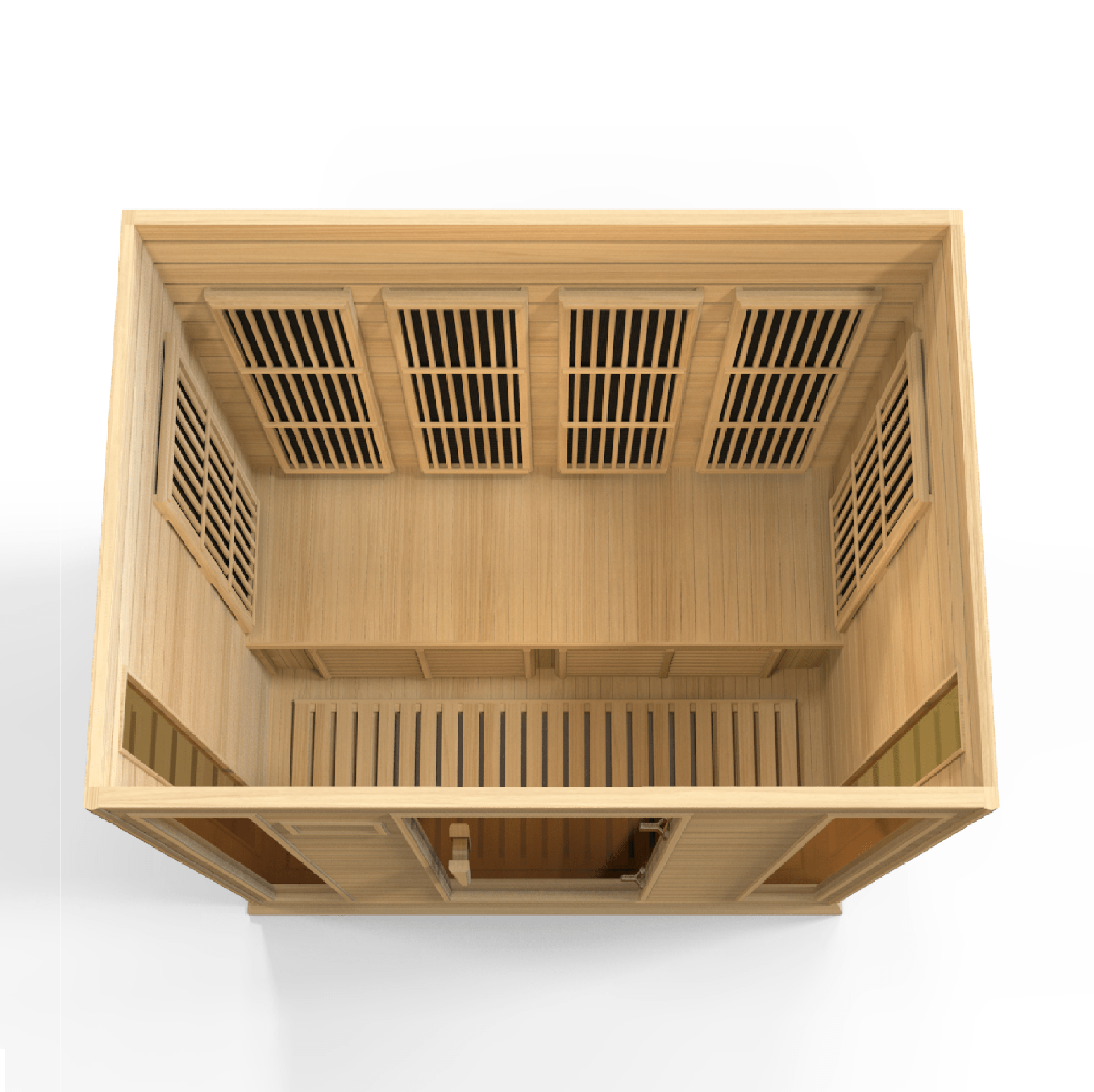 Exterior wood panel detail on a four person corner low EMF infrared sauna