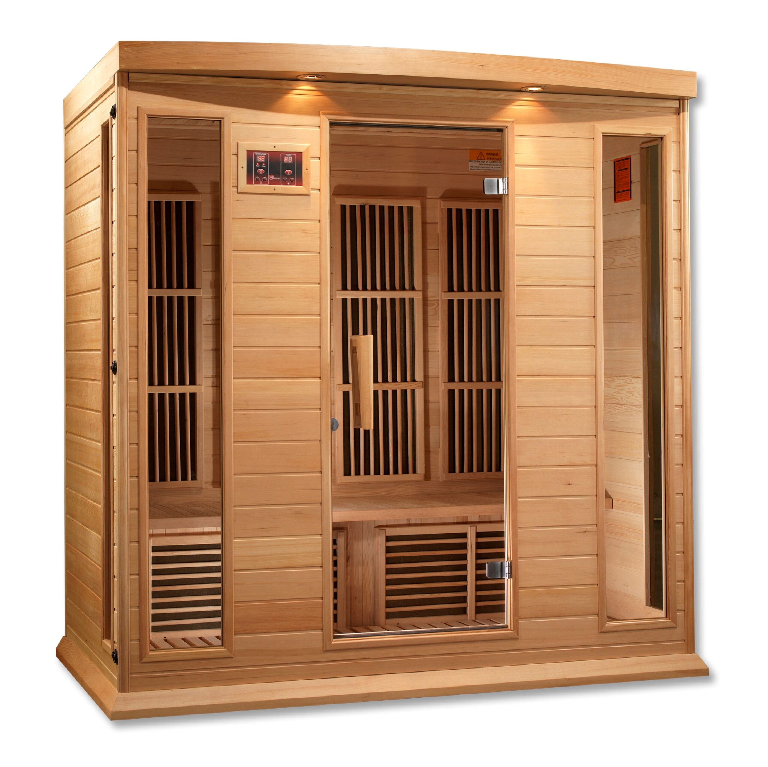 Front glass enclosure of a four person corner low EMF infrared sauna