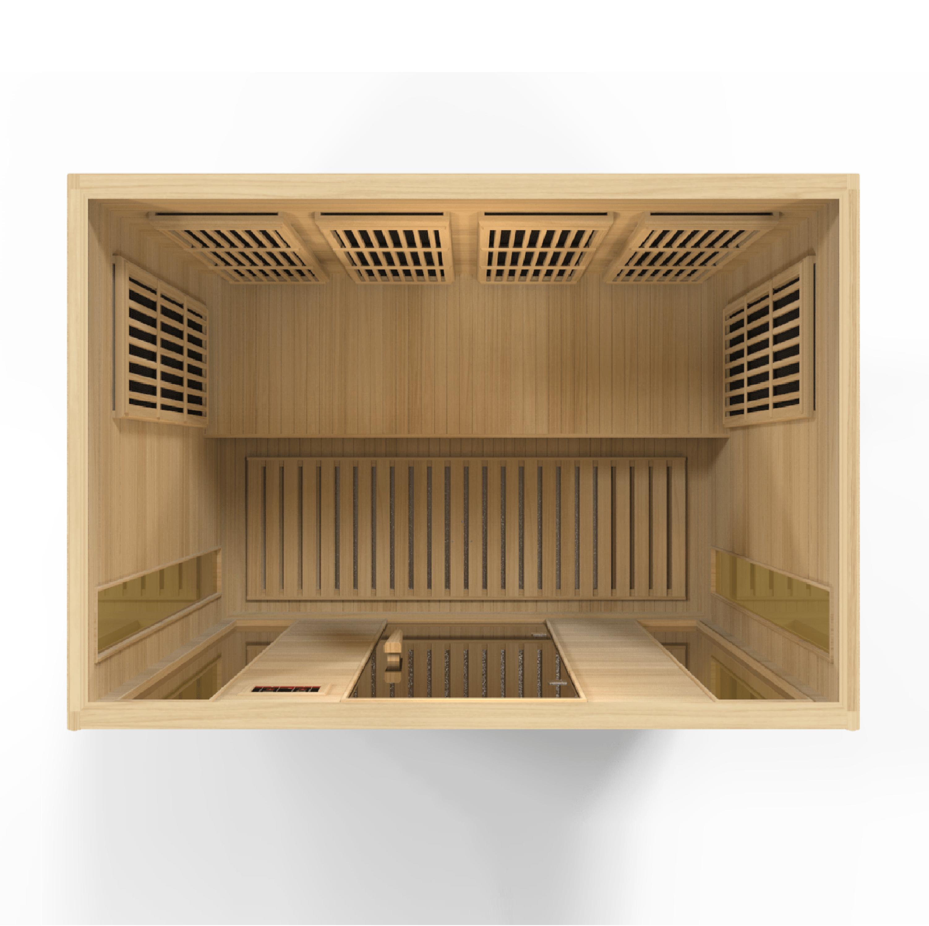 Interior bench seating of a four person corner low EMF infrared sauna