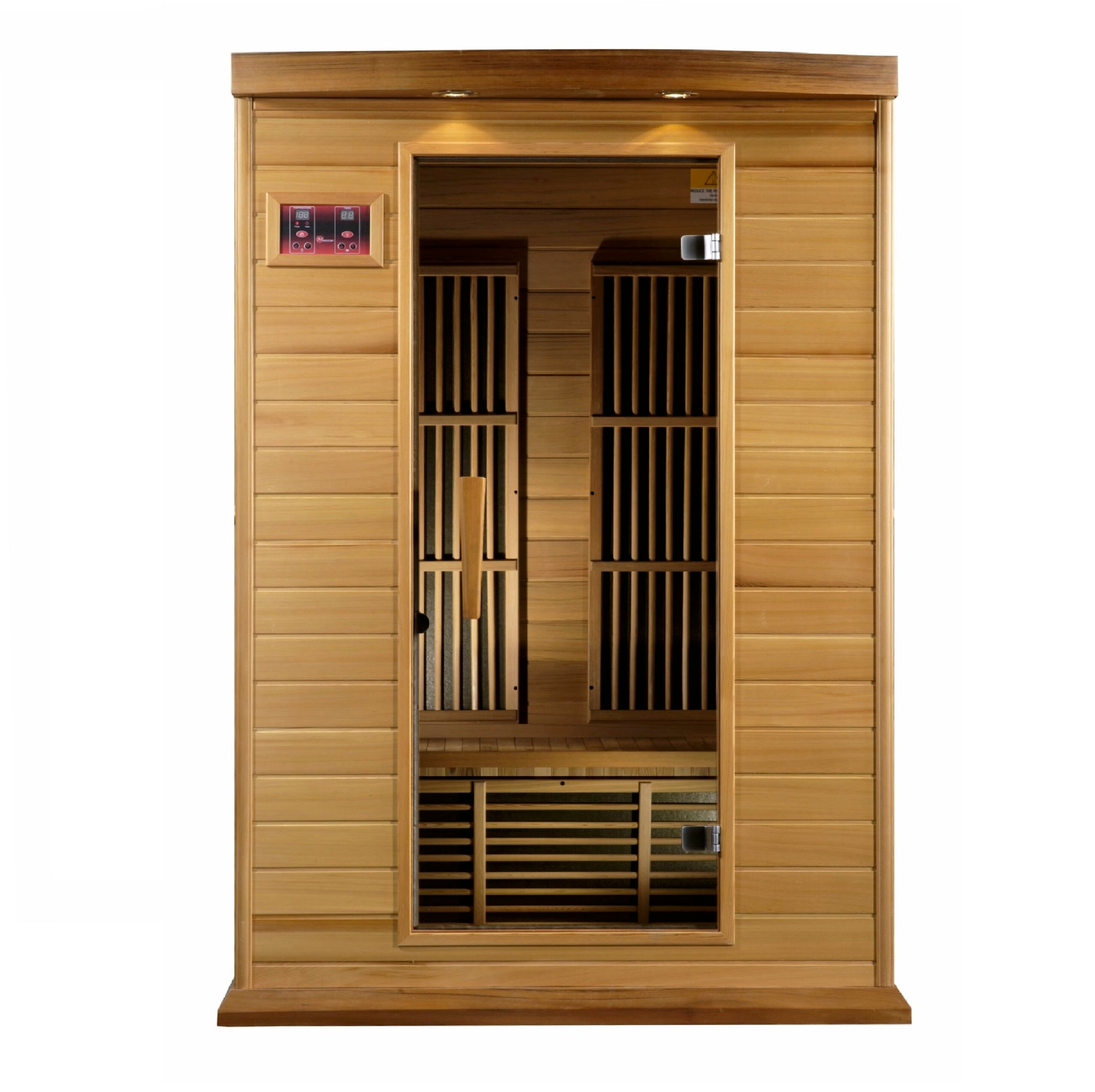 Angled exterior view of a two person low EMF far infrared sauna