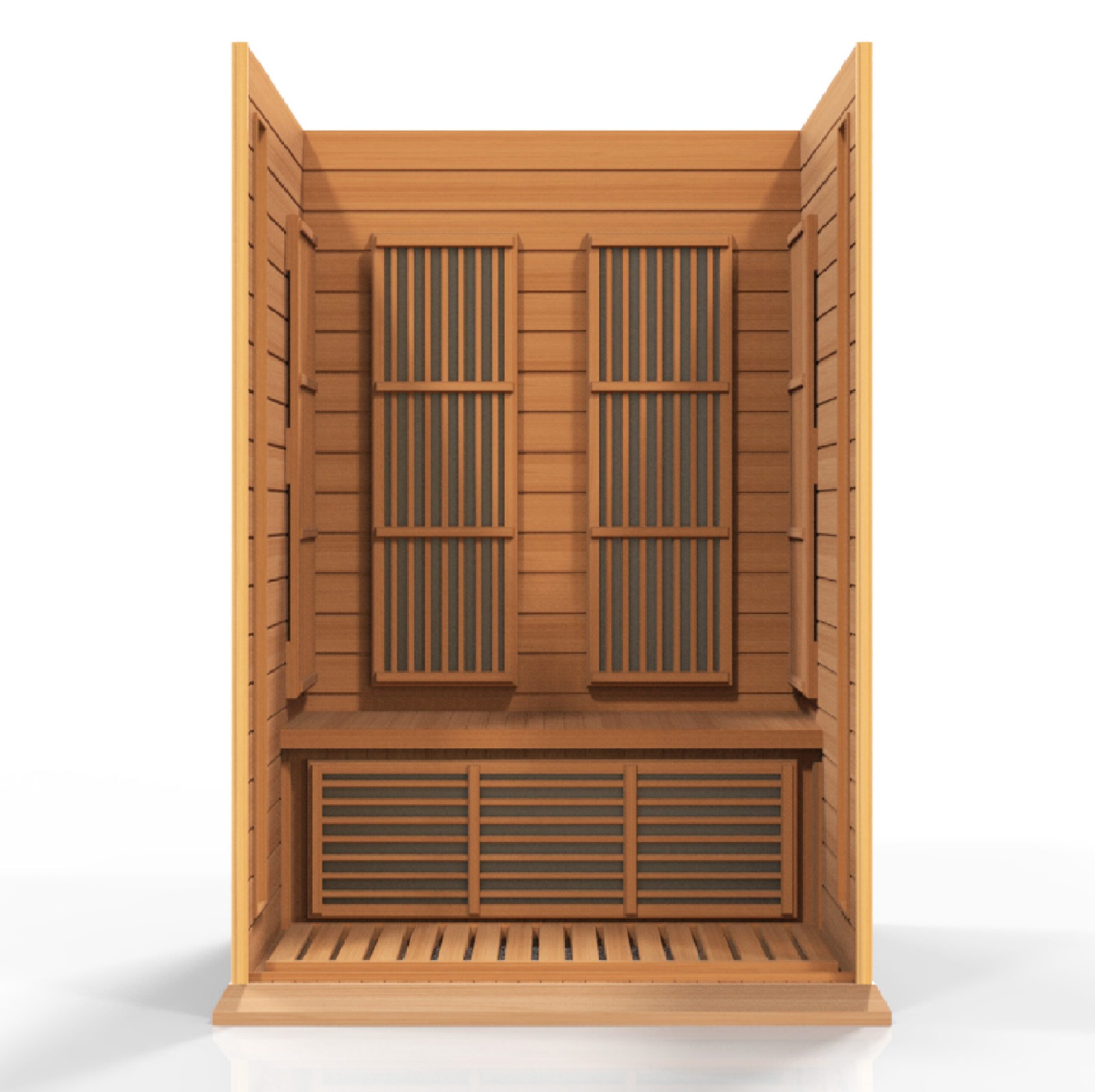 Front glass enclosure of a two person low EMF far infrared sauna