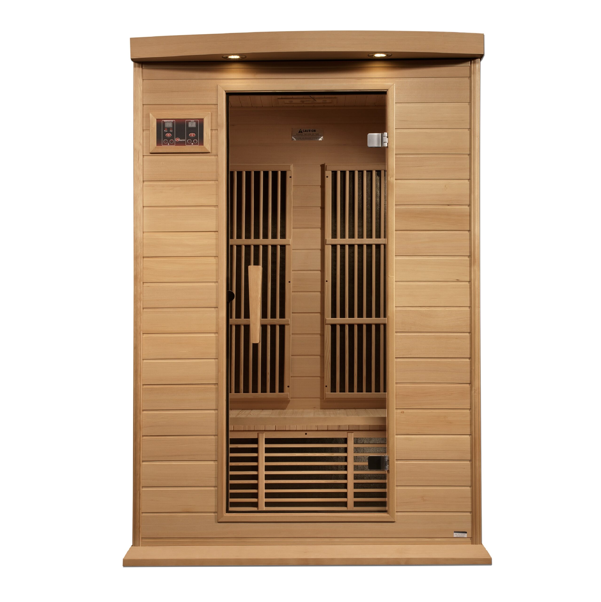Complete exterior view of a two person hemlock infrared sauna