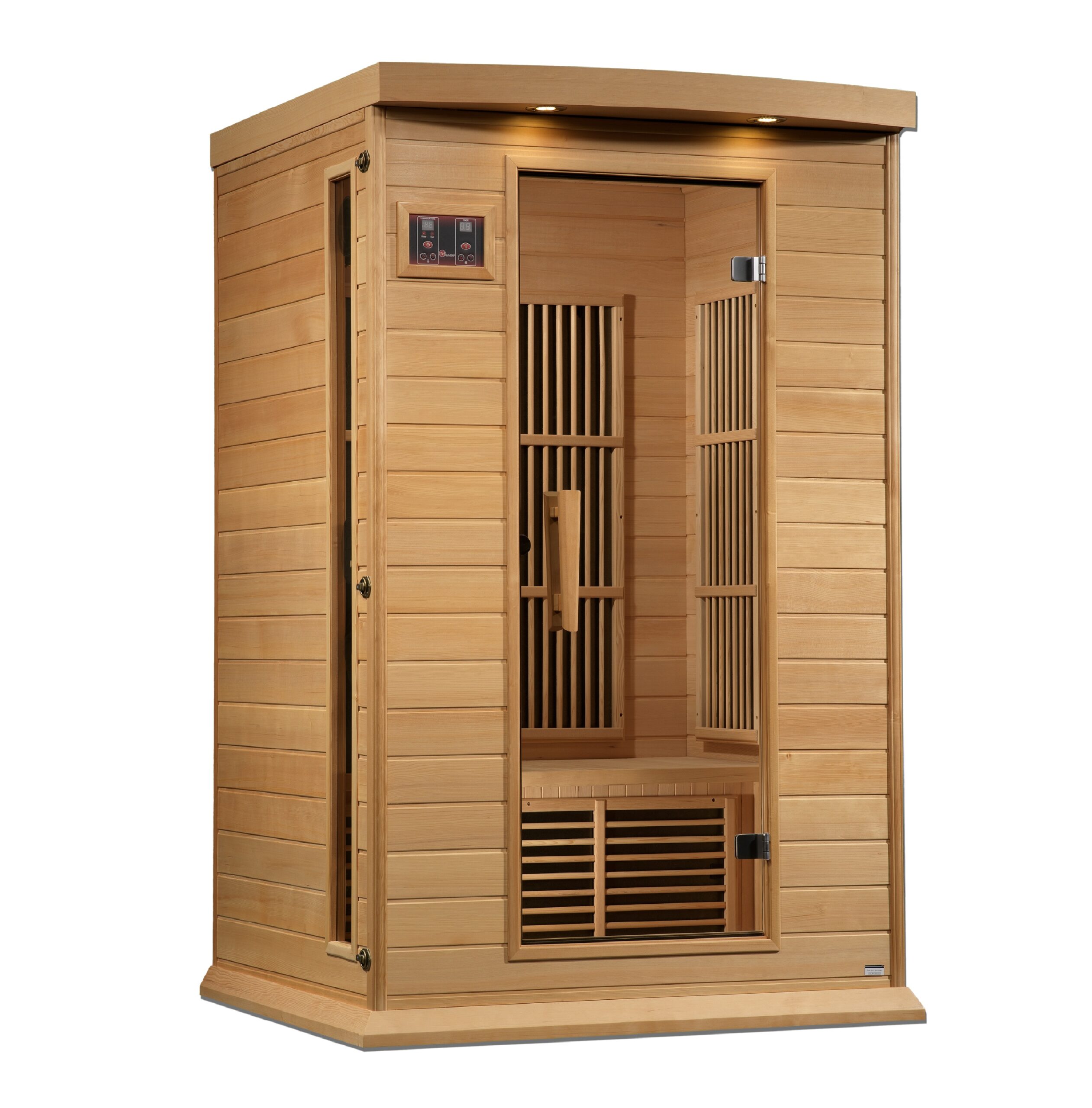 Interior seating and heater layout of a two person hemlock sauna