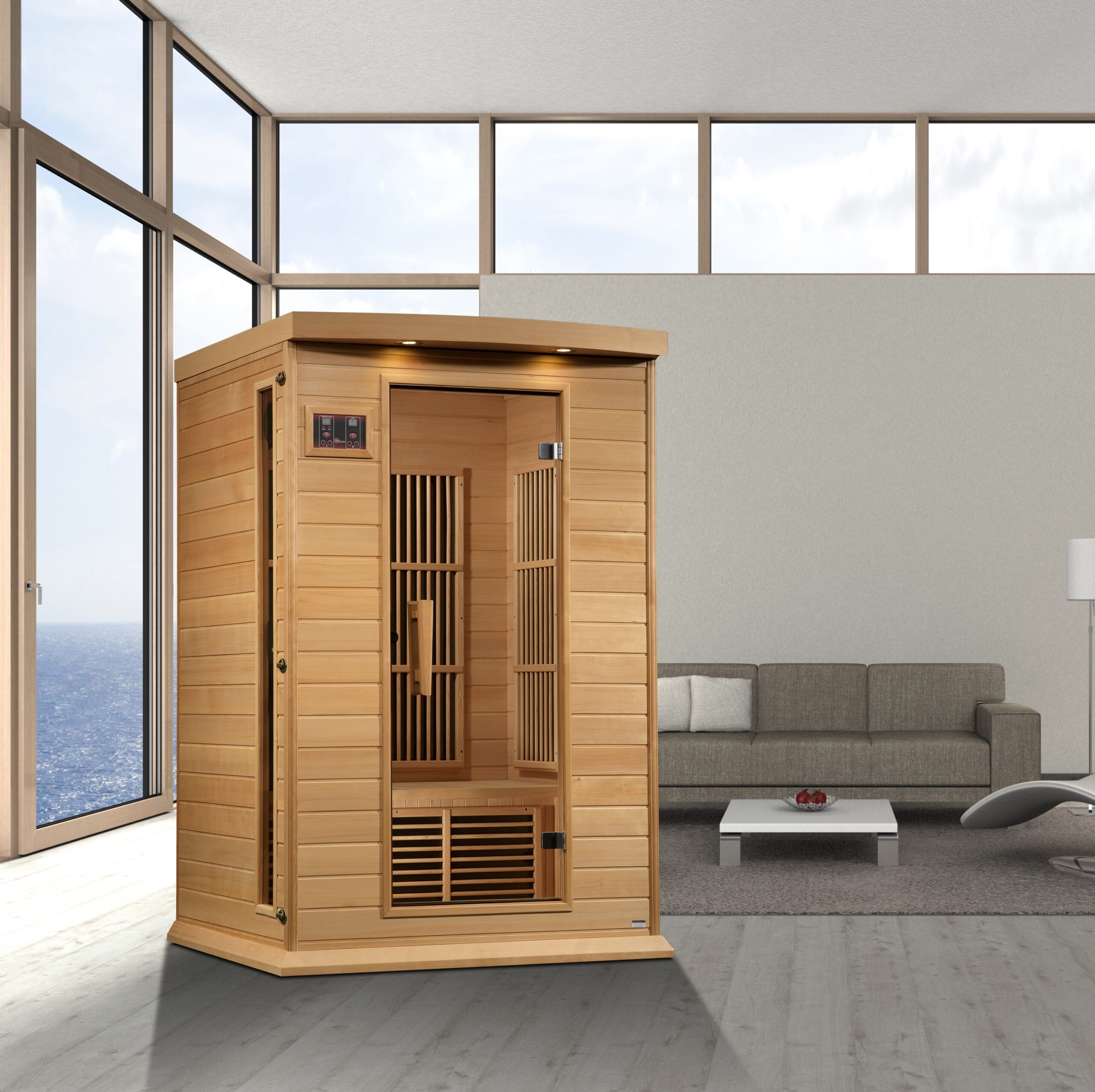 Two person far infrared sauna constructed using hemlock wood panels