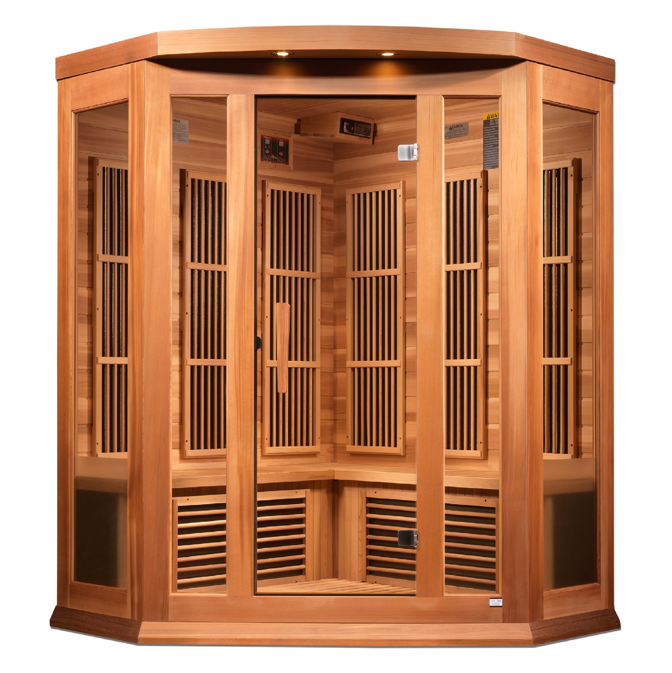 Full exterior view of a three person corner near zero emf sauna