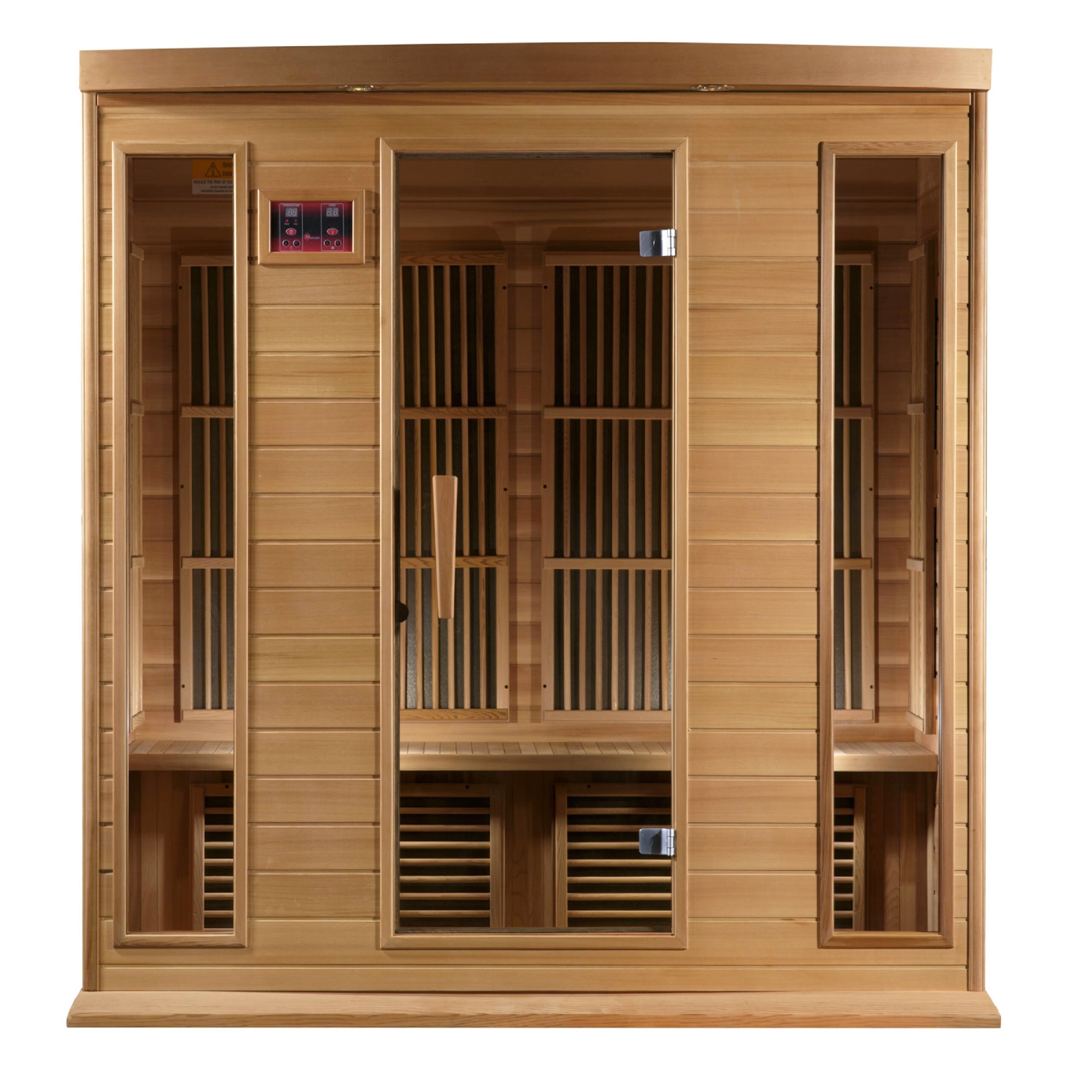 Front glass enclosure of a four person low EMF far infrared sauna