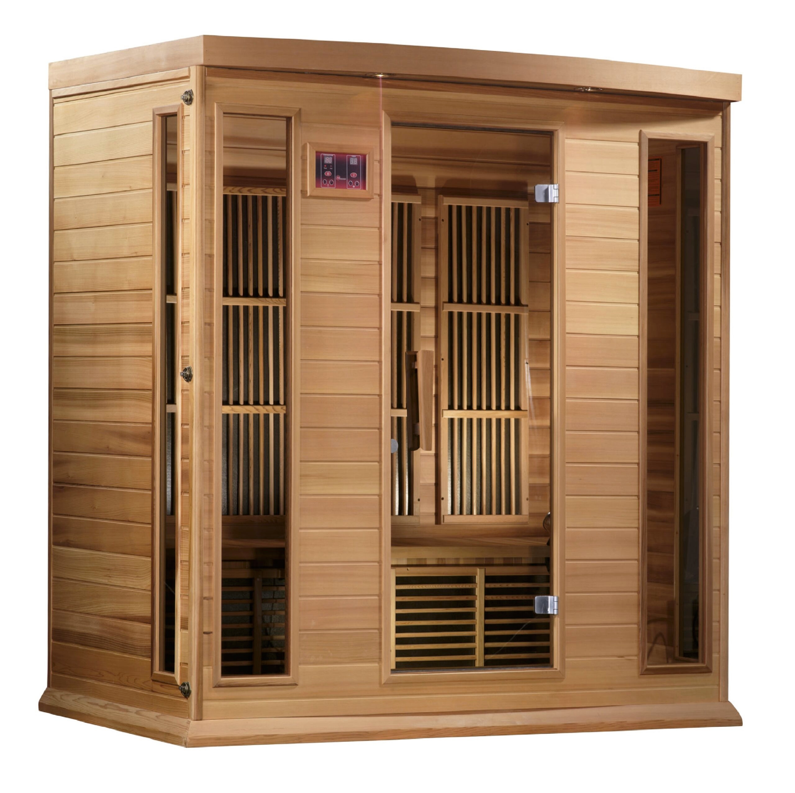 Interior seating layout of a four person low EMF far infrared sauna made from red cedar