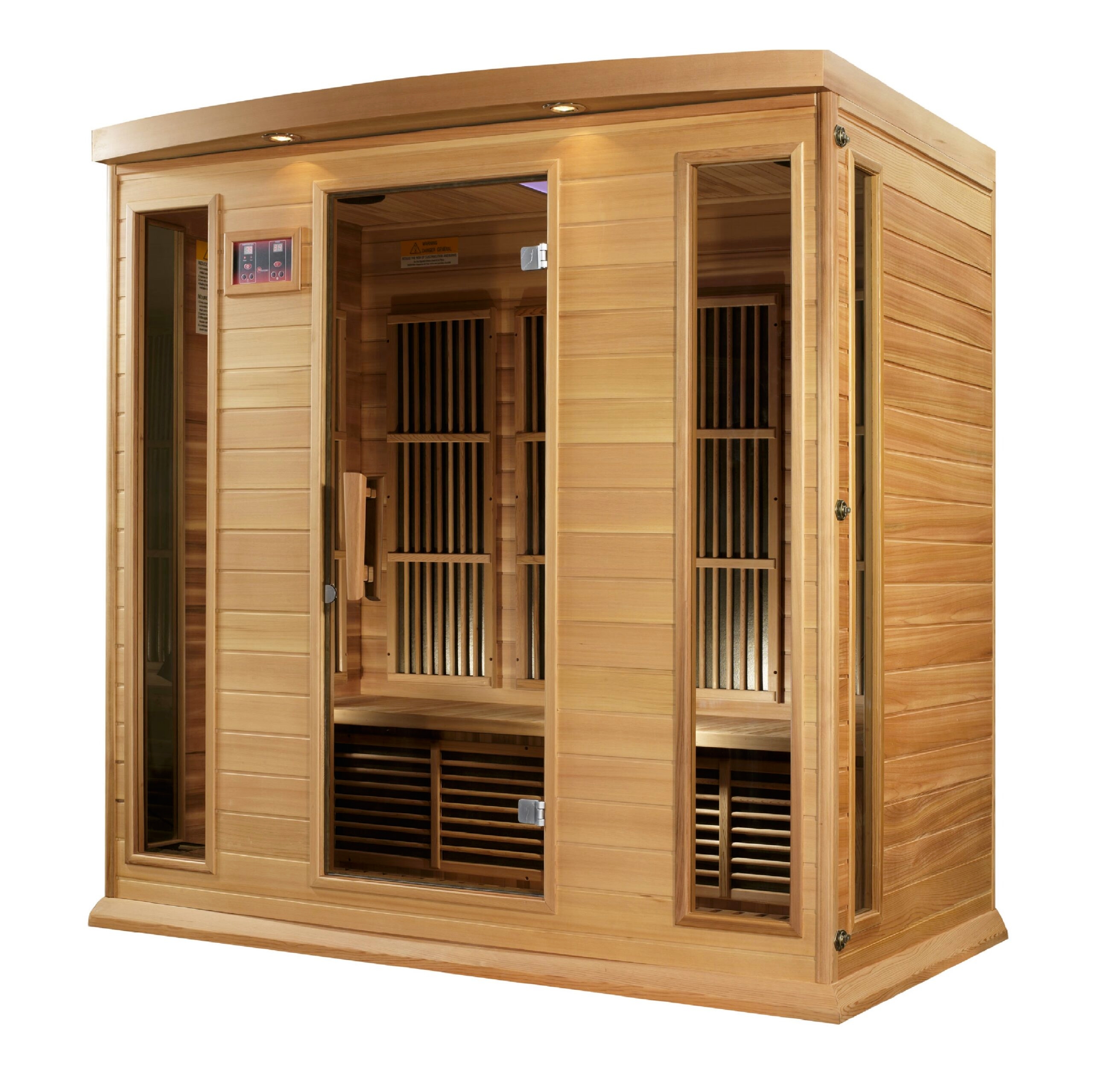 Four person far infrared sauna featuring low EMF heating and red cedar wood construction