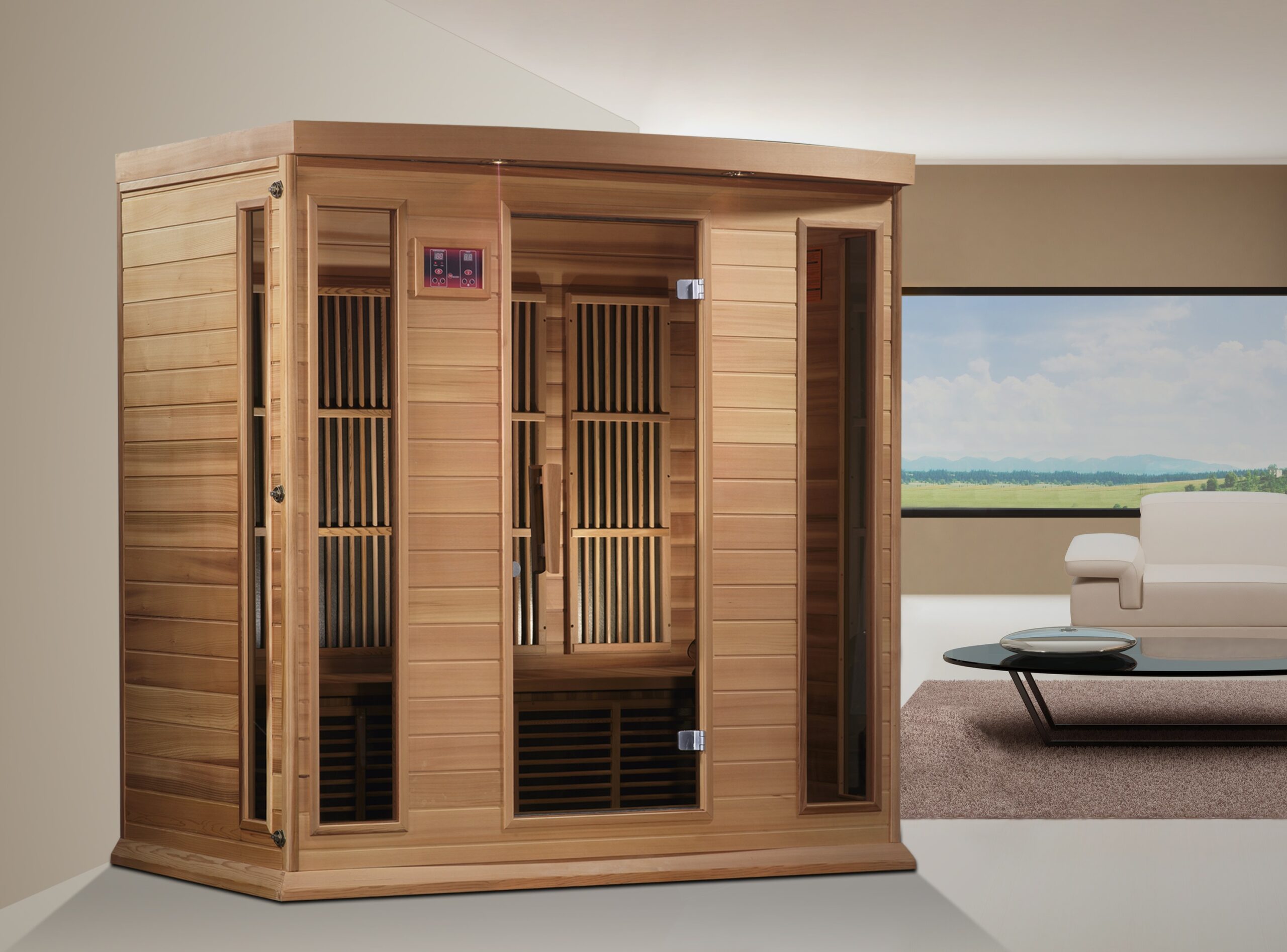 Four person far infrared sauna built with red cedar wood panels