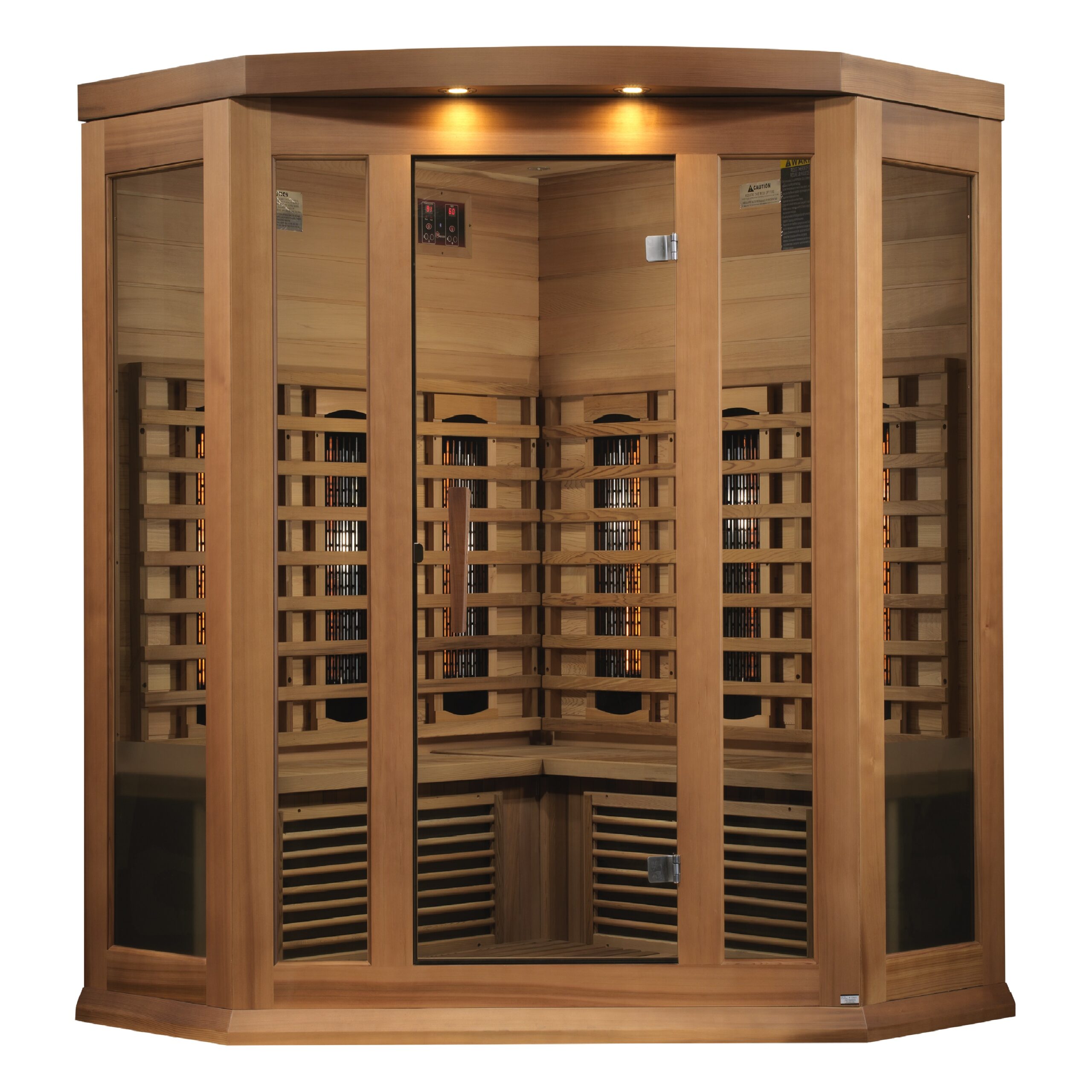 Full view of a three person corner infrared sauna unit