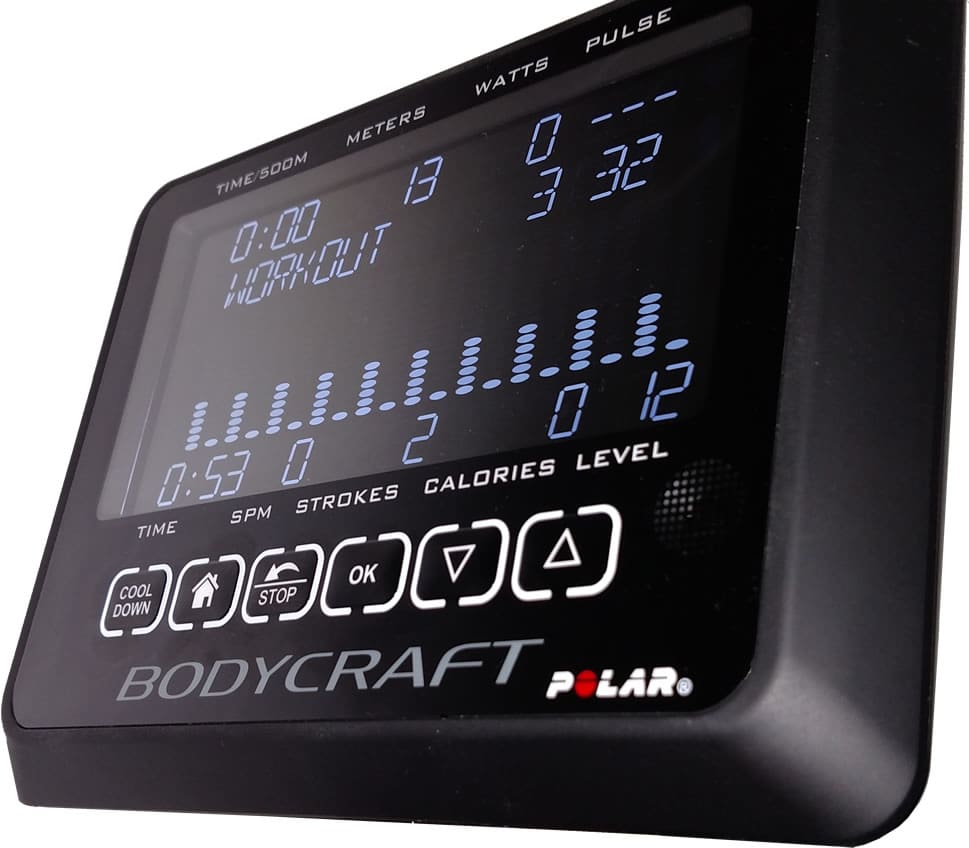 Console close up showing VR500 rower workout tracking display